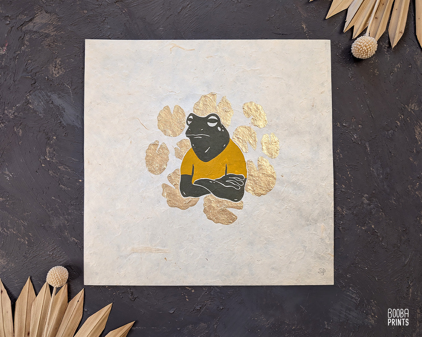 Cranky Frog & Golden Lily Pads Linocut Print ✷ 35% Off