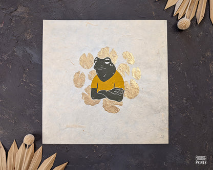 Cranky Frog & Golden Lily Pads Linocut Print ✷ 35% Off