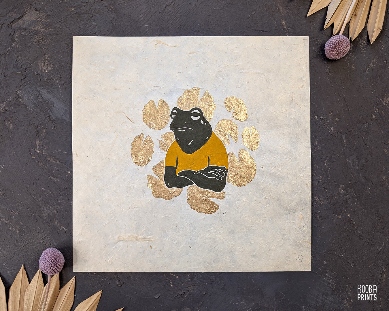 Cranky Frog & Golden Lily Pads Linocut Print ✷ 35% Off