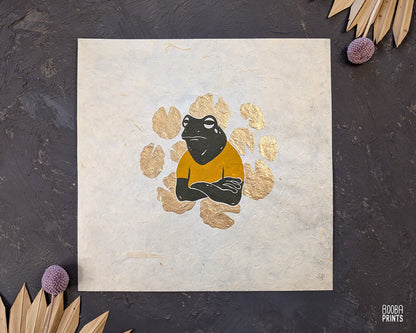 Cranky Frog & Golden Lily Pads Linocut Print ✷ 35% Off