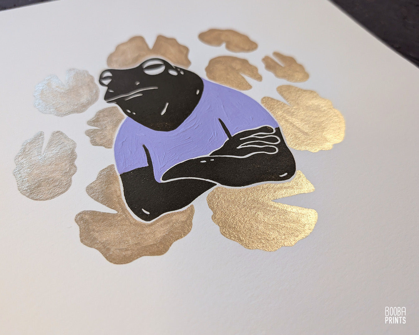 Cranky Frog & Golden Lily Pads Linocut Print ✷ 35% Off