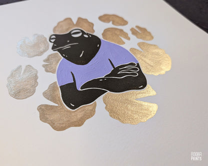 Cranky Frog & Golden Lily Pads Linocut Print