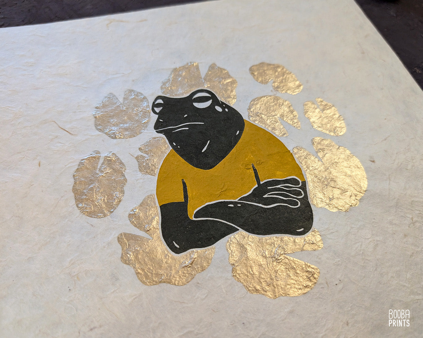 Cranky Frog & Golden Lily Pads Linocut Print