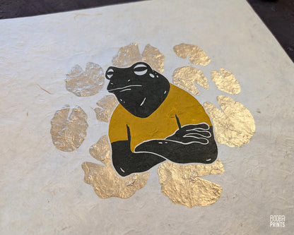Cranky Frog & Golden Lily Pads Linocut Print