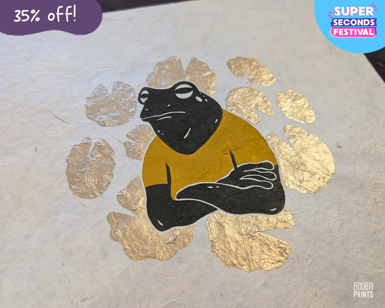 Cranky Frog & Golden Lily Pads Linocut Print ✷ 35% Off