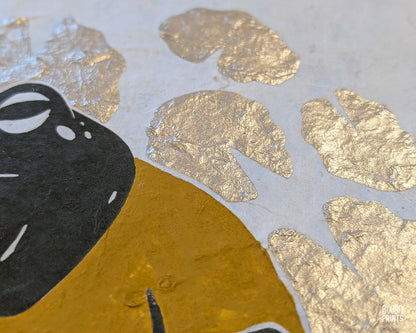 Cranky Frog & Golden Lily Pads Linocut Print ✷ 35% Off