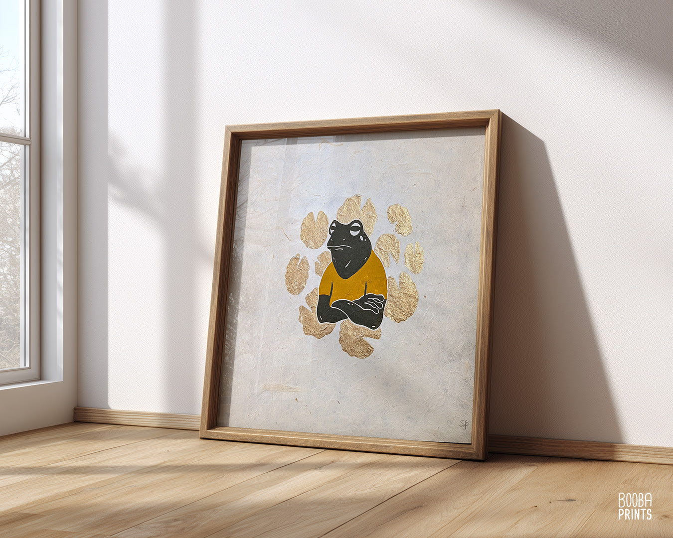 Cranky Frog & Golden Lily Pads Linocut Print