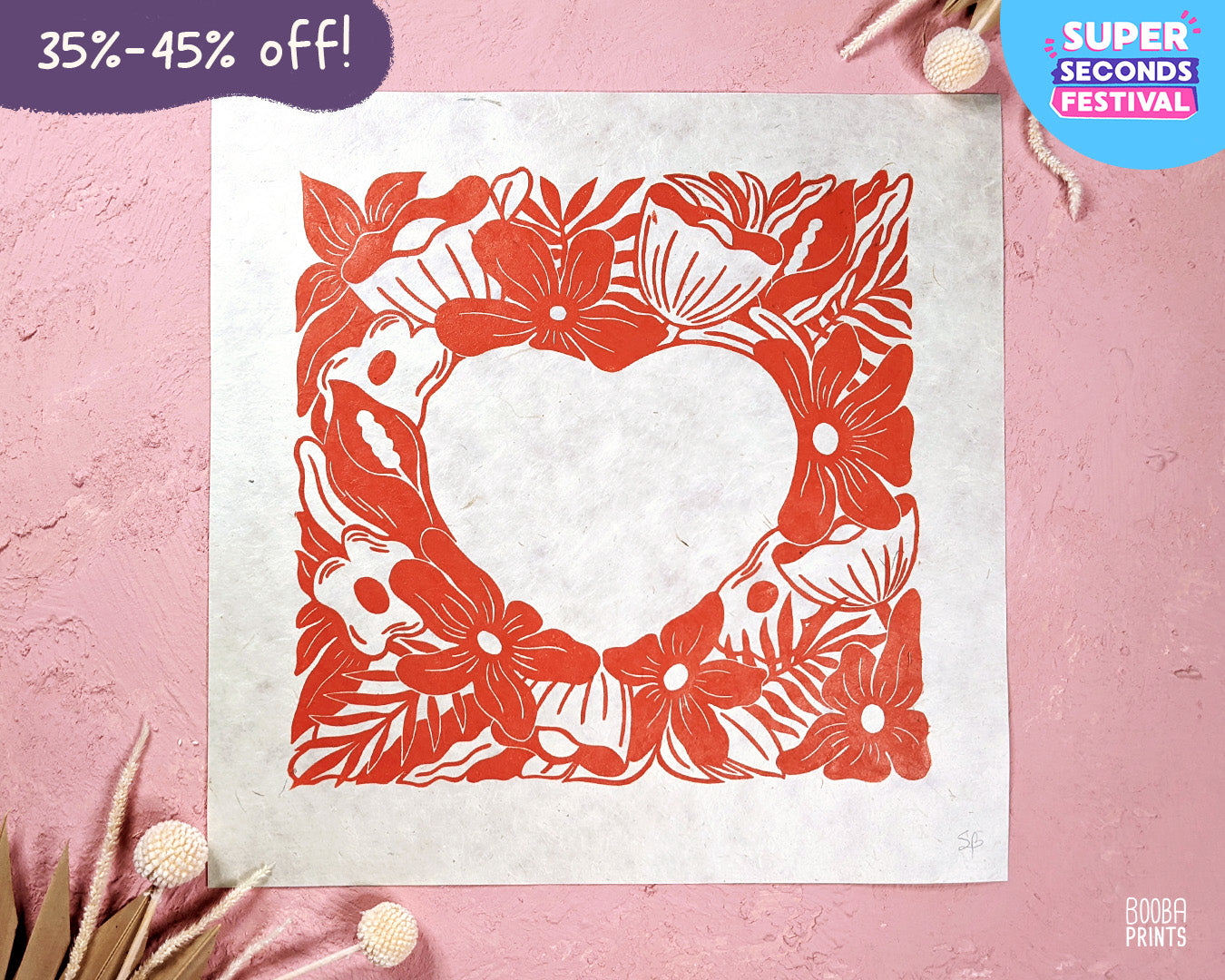 Red Flowers Heart Linocut Print ✷35%-45% Off!