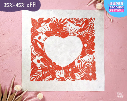 Red Flowers Heart Linocut Print ✷35%-45% Off!