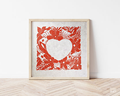 Red Flowers Heart Linocut Print ✷35%-45% Off!