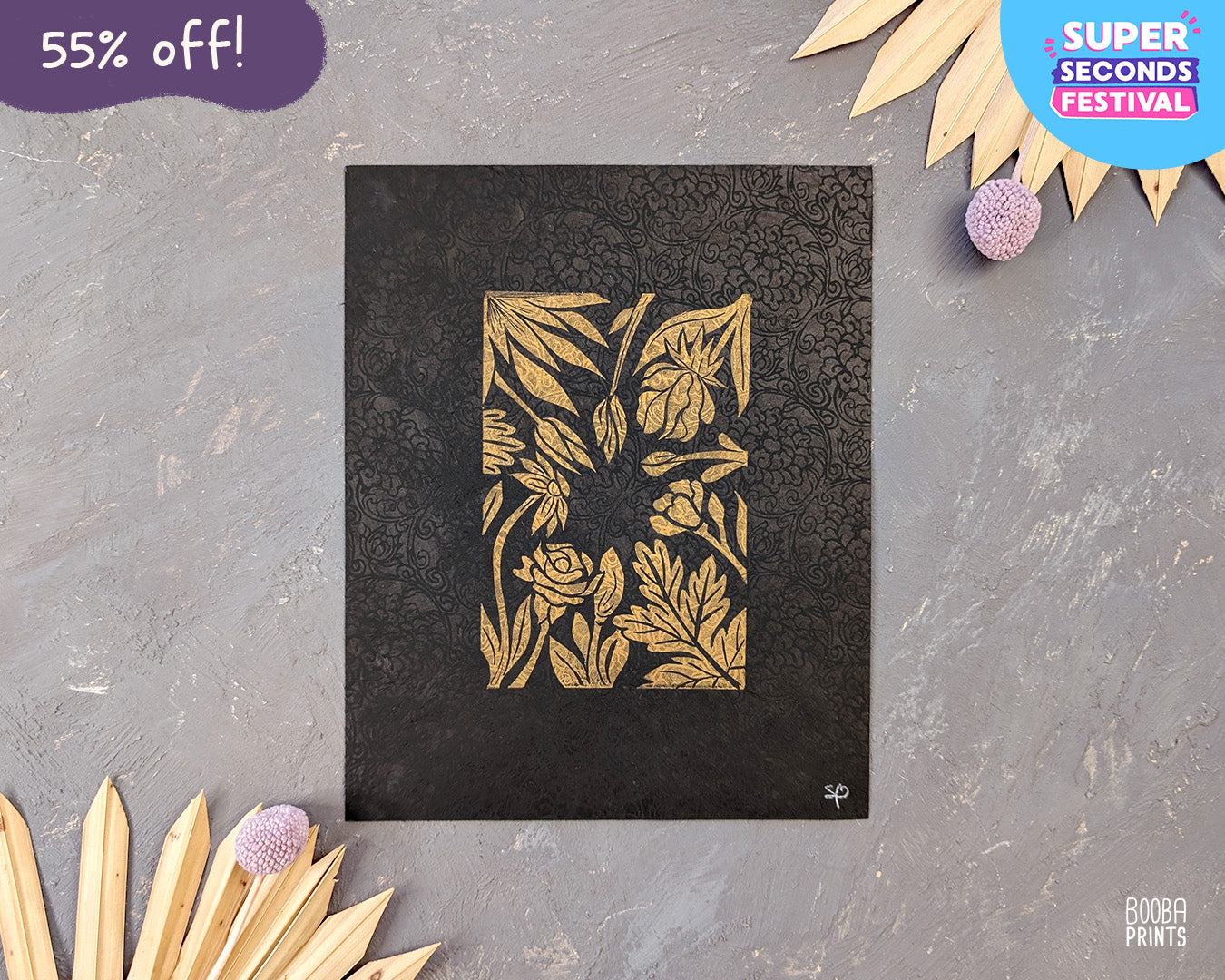 Gold Flowers On Black Paper Linocut Print ✷ 55% Off!