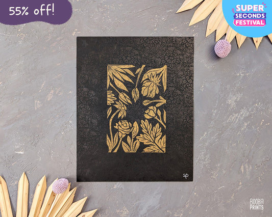 Gold Flowers On Black Paper Linocut Print ✷ 55% Off!