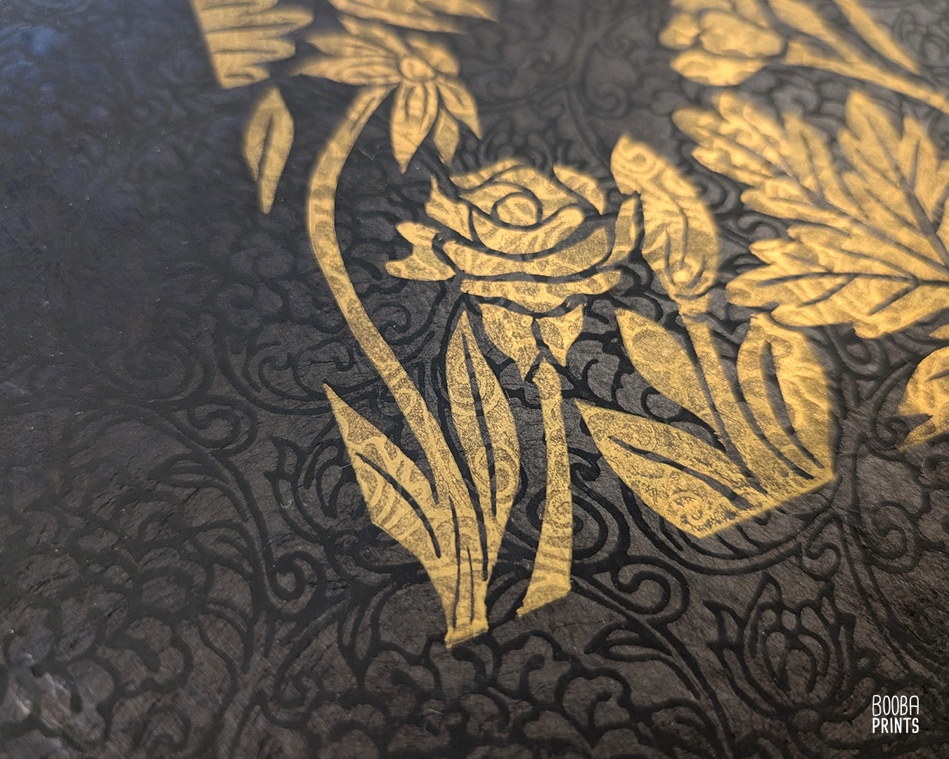 Gold Flowers On Black Paper Linocut Print ✷ 55% Off!