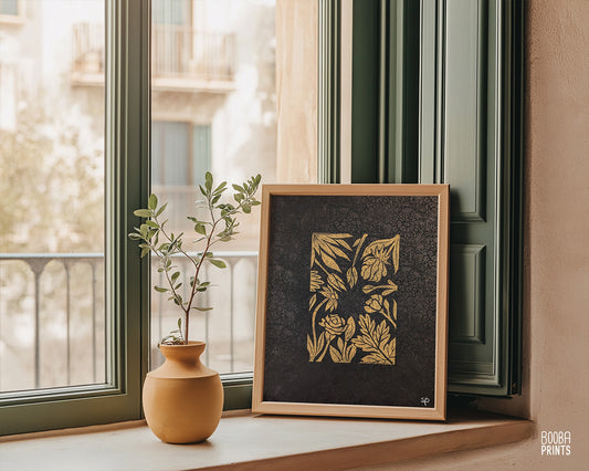 Gold Flowers On Black Paper Linocut Print ✷ 55% Off!