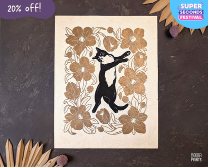 Tuxedo Cat & Gold Flowers Original Linocut Print ✷ 20% Off!