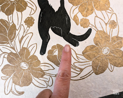 Tuxedo Cat & Gold Flowers Original Linocut Print ✷ 20% Off!
