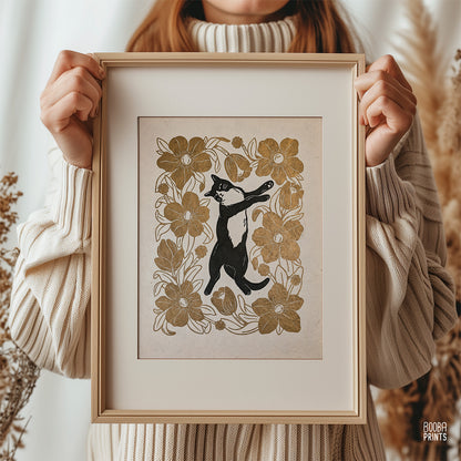 Tuxedo Cat & Gold Flowers Original Linocut Print ✷ 20% Off!