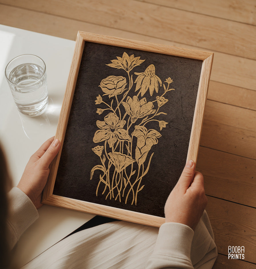 Gold Flowers On Black Paper "Flower Bouquet" Linocut Print ✷ 70% Off!