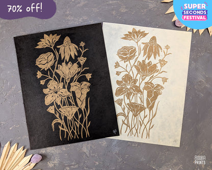 Gold Flowers On Black Paper "Flower Bouquet" Linocut Print ✷ 70% Off!