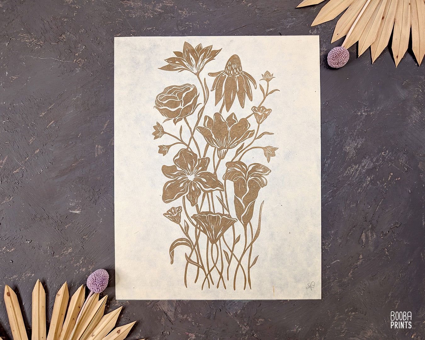 Gold Flowers On Black Paper "Flower Bouquet" Linocut Print ✷ 70% Off!