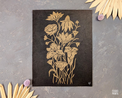 Gold Flowers On Black Paper "Flower Bouquet" Linocut Print ✷ 70% Off!