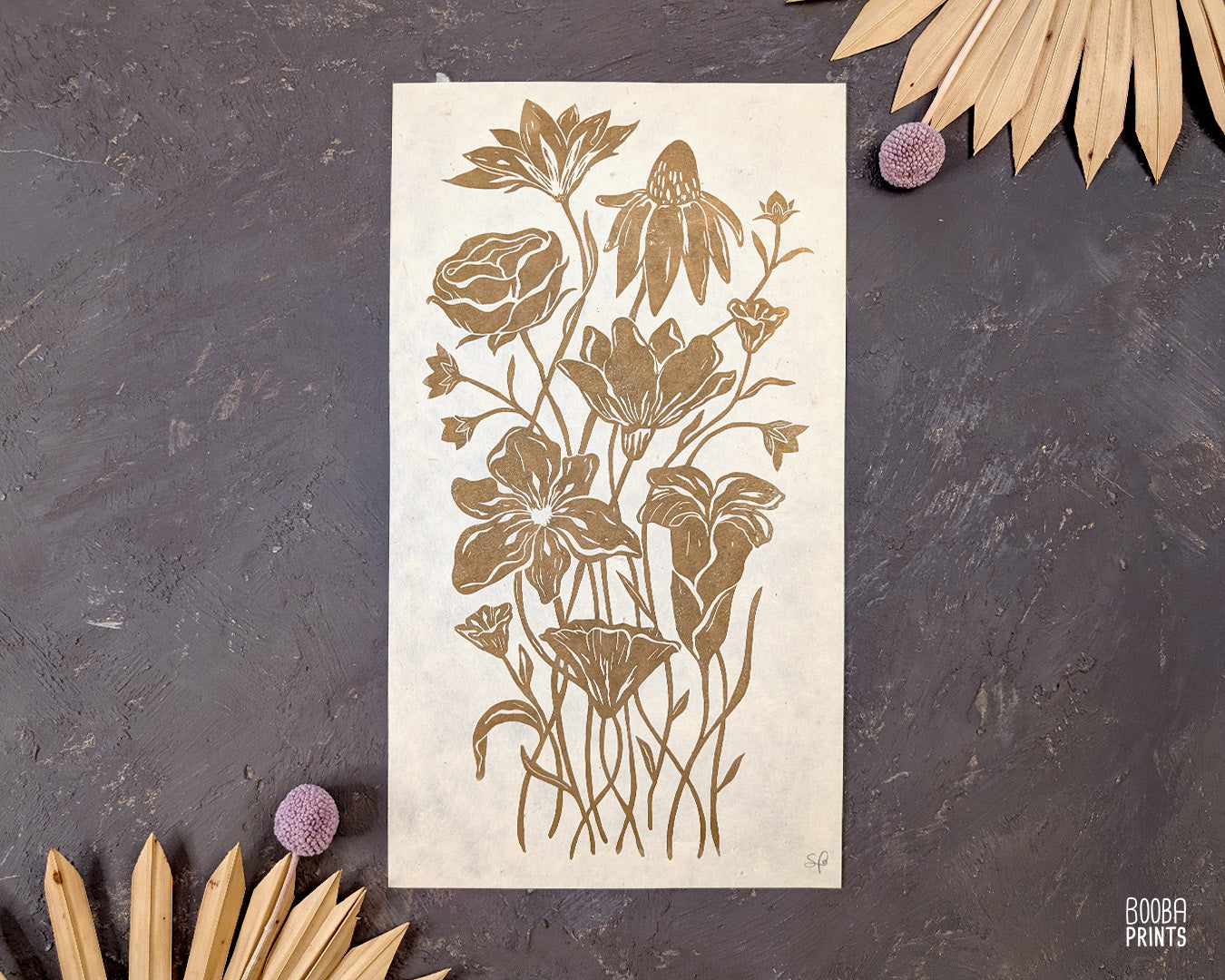 Gold Flowers On Black Paper "Flower Bouquet" Linocut Print ✷ 70% Off!