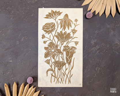 Gold Flowers On Black Paper "Flower Bouquet" Linocut Print ✷ 70% Off!