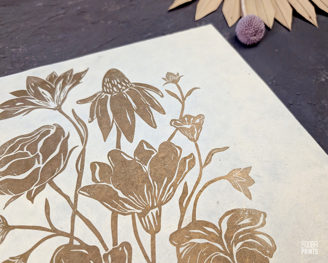 Gold Flowers On Black Paper "Flower Bouquet" Linocut Print ✷ 70% Off!