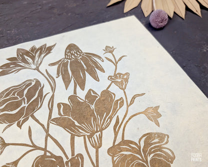 Gold Flowers On Black Paper "Flower Bouquet" Linocut Print ✷ 70% Off!