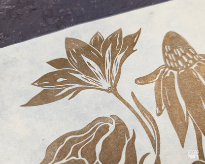 Gold Flowers On Black Paper "Flower Bouquet" Linocut Print ✷ 70% Off!