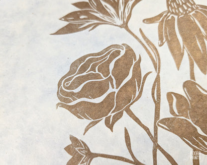 Gold Flowers On Black Paper "Flower Bouquet" Linocut Print ✷ 70% Off!
