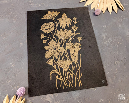 Gold Flowers On Black Paper "Flower Bouquet" Linocut Print ✷ 70% Off!