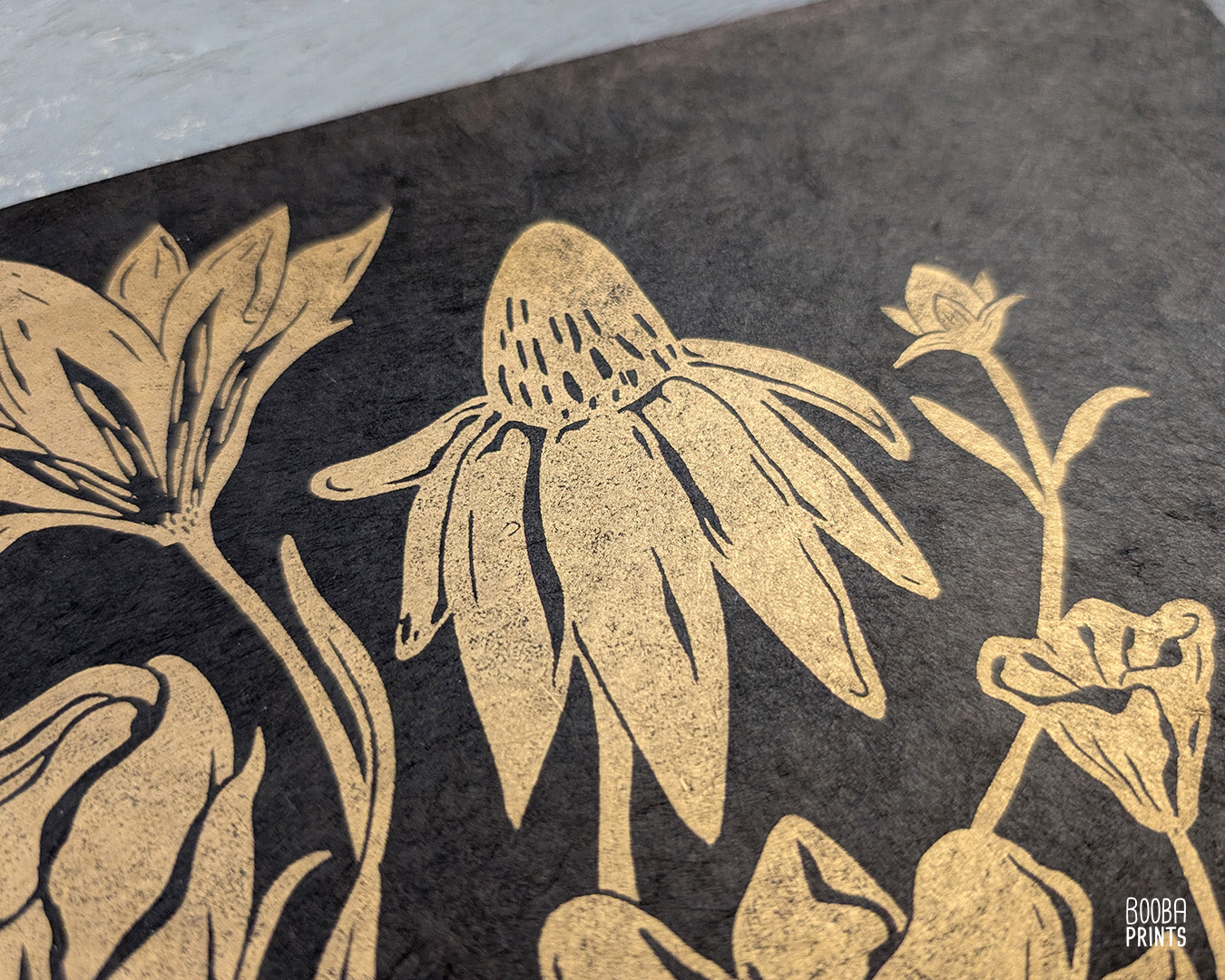 Gold Flowers On Black Paper "Flower Bouquet" Linocut Print ✷ 70% Off!