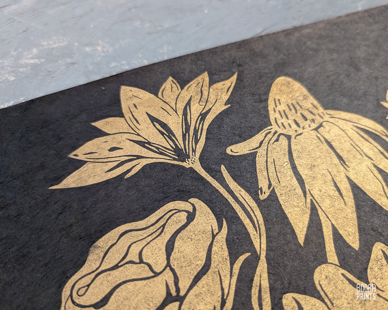 Gold Flowers On Black Paper "Flower Bouquet" Linocut Print ✷ 70% Off!
