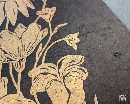 Gold Flowers On Black Paper "Flower Bouquet" Linocut Print ✷ 70% Off!