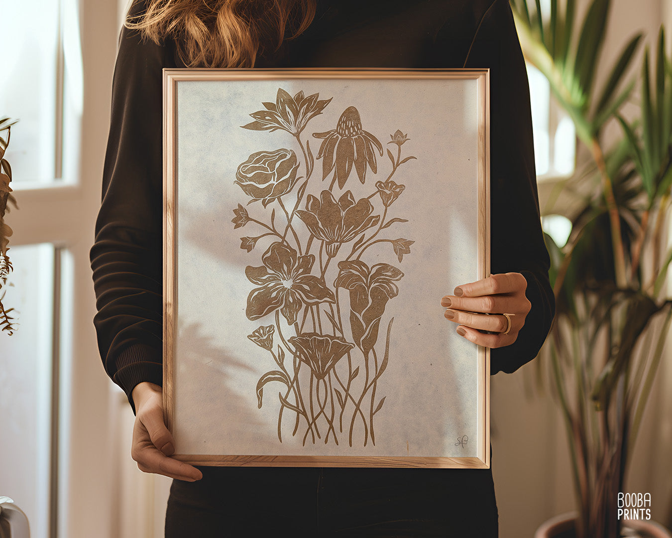 Gold Flowers On Black Paper "Flower Bouquet" Linocut Print ✷ 70% Off!