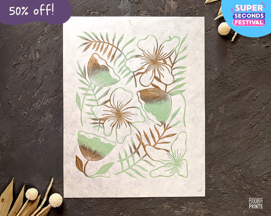 Green & Gold Flowers Linocut Print ✷ 50% Off!