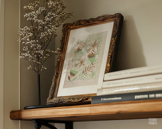 Green & Gold Flowers Linocut Print ✷ 50% Off!