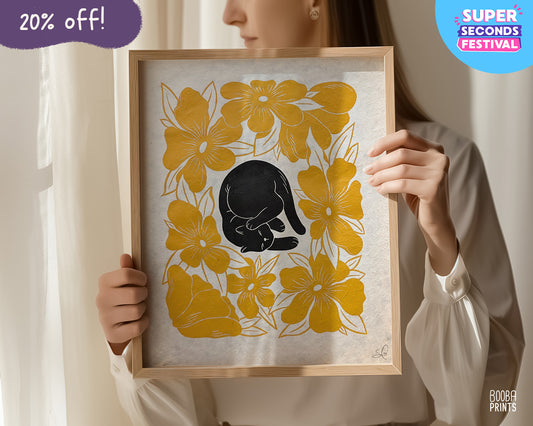 Lazy Black Cat & Yellow Flowers ✷ 20% Off!