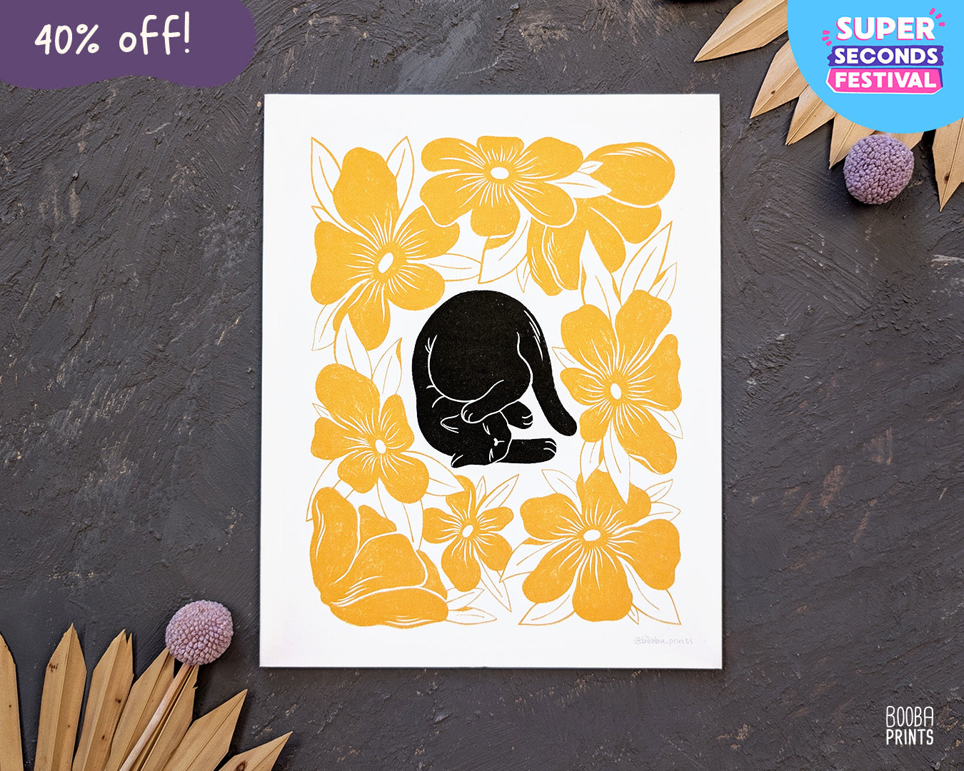 Lazy Black Cat & Yellow Flowers Art Print ✷ 40% Off!