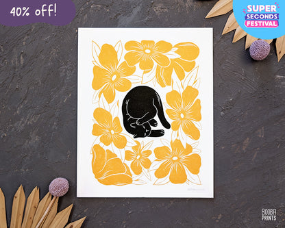 Lazy Black Cat & Yellow Flowers Art Print ✷ 40% Off!