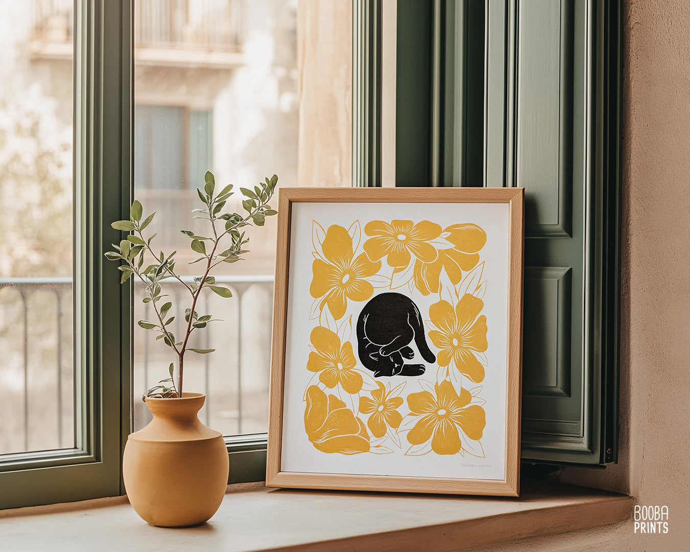 Lazy Black Cat & Yellow Flowers Art Print ✷ 40% Off!