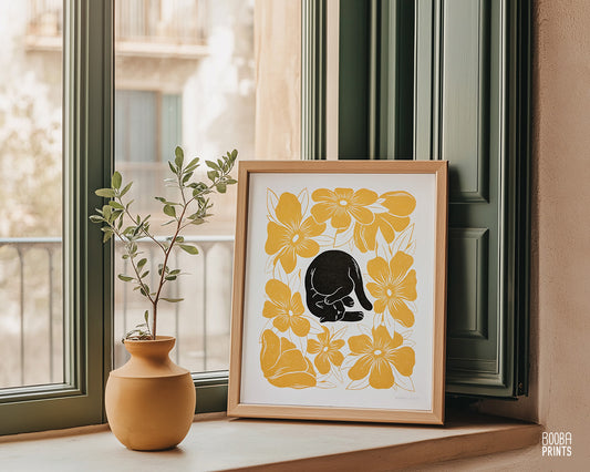 Lazy Black Cat & Yellow Flowers Art Print ✷ 40% Off!