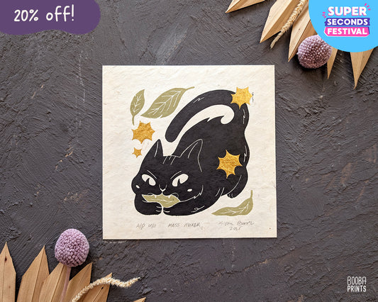 Cat Eating Leaf Linocut Print "Mess Maker"  Whimsical Cat Art ✷ 20% Off!