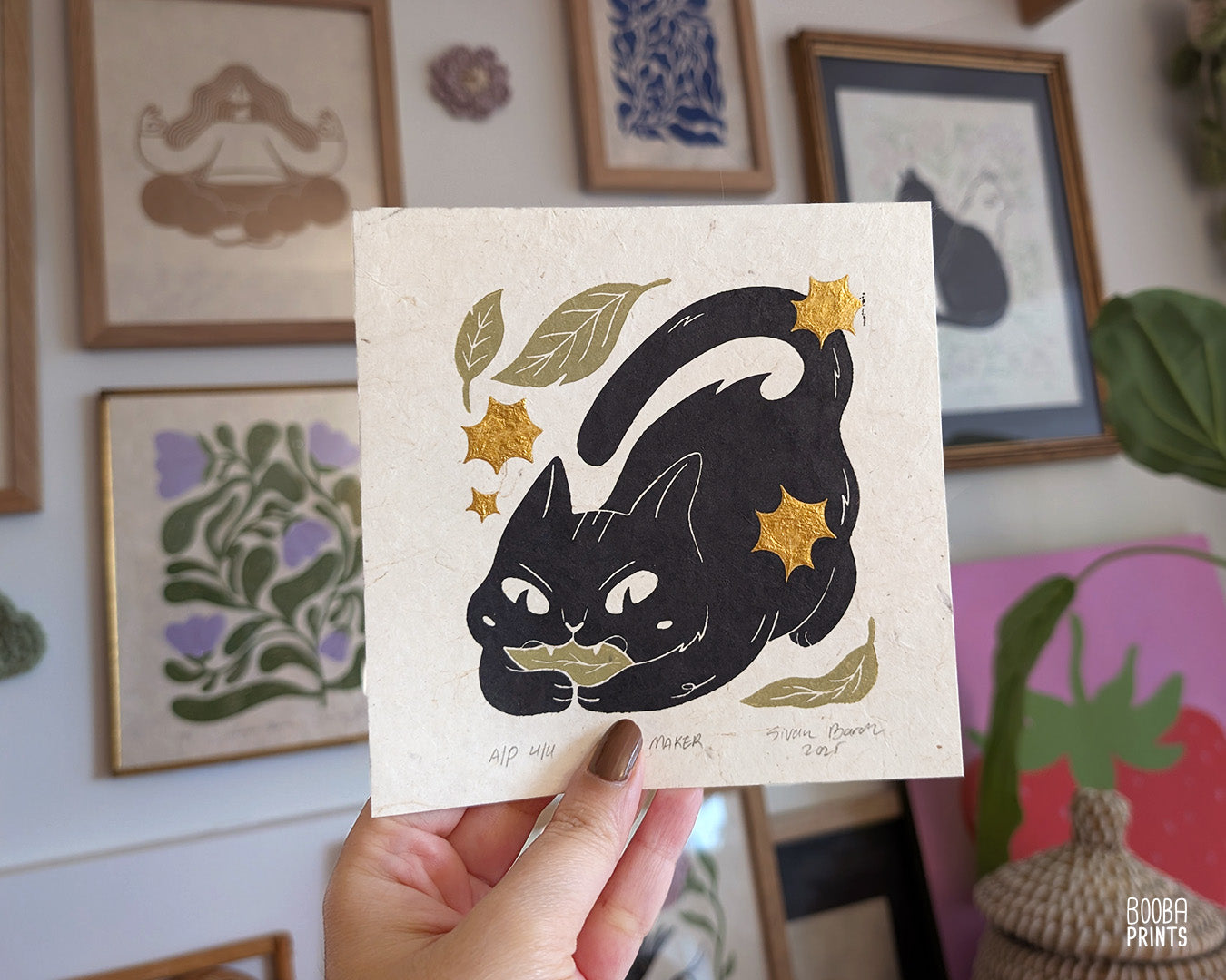 Cat Eating Leaf Linocut Print "Mess Maker"  Whimsical Cat Art ✷ 20% Off!