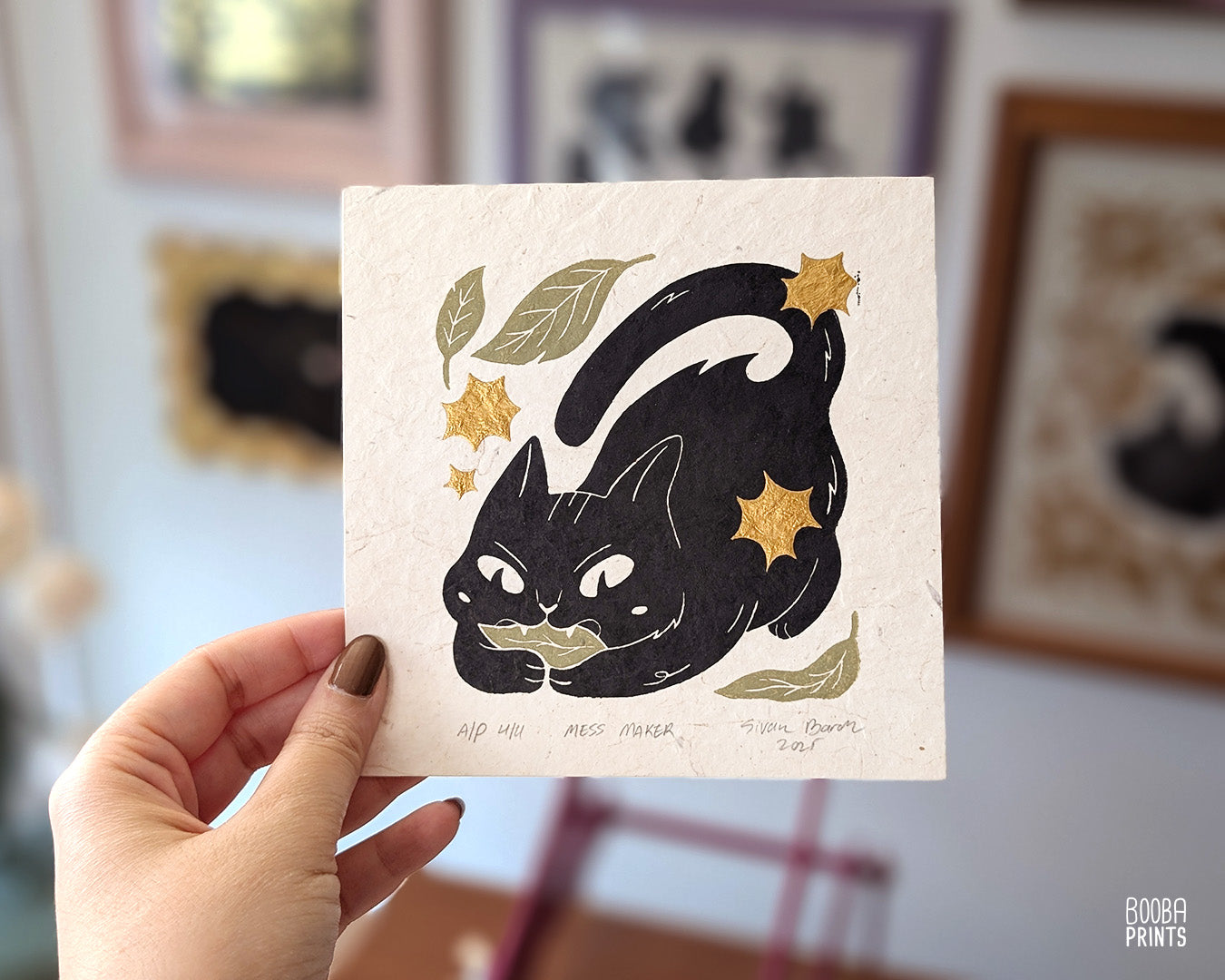 Cat Eating Leaf Linocut Print "Mess Maker"  Whimsical Cat Art ✷ 20% Off!