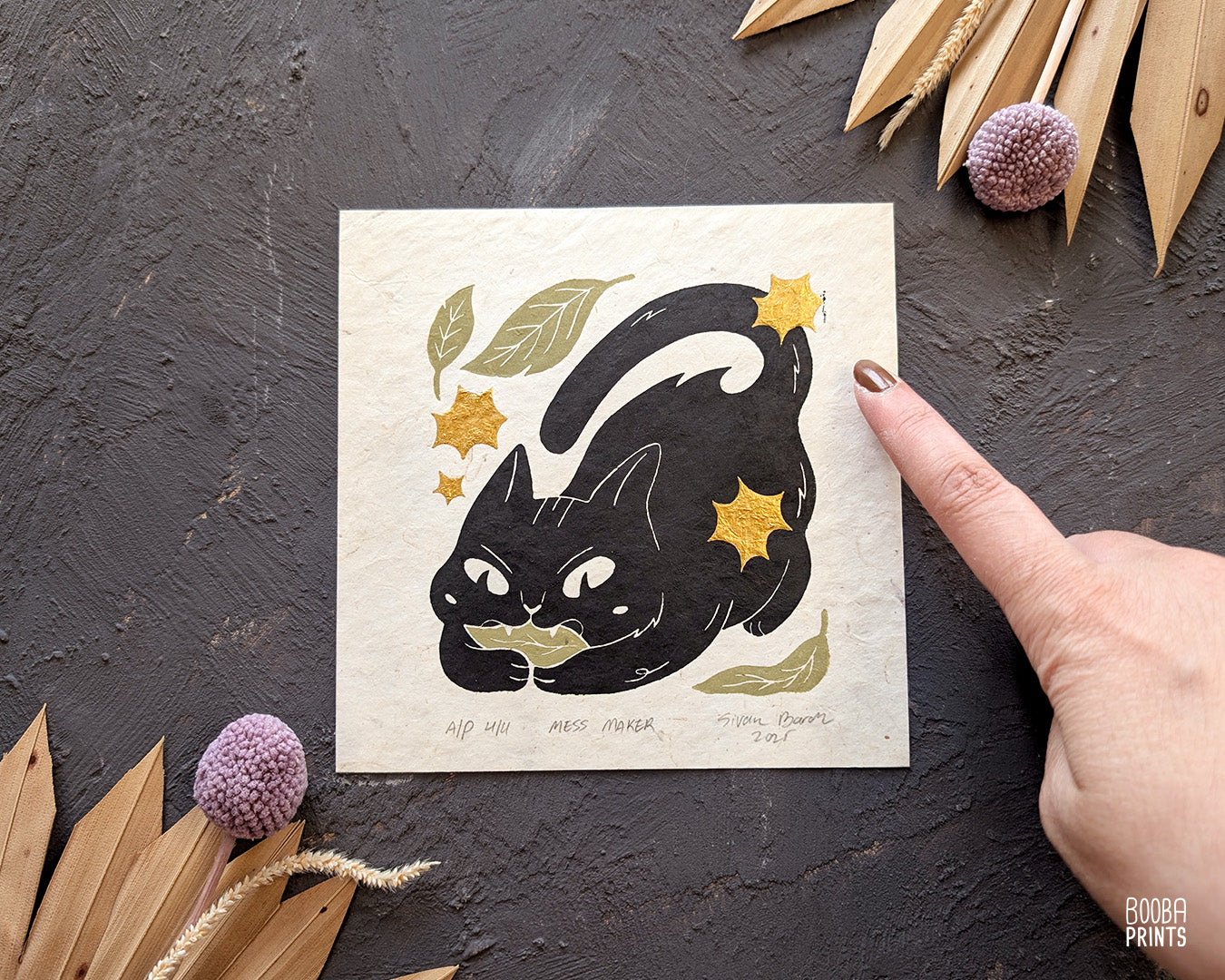 Cat Eating Leaf Linocut Print "Mess Maker"  Whimsical Cat Art ✷ 20% Off!