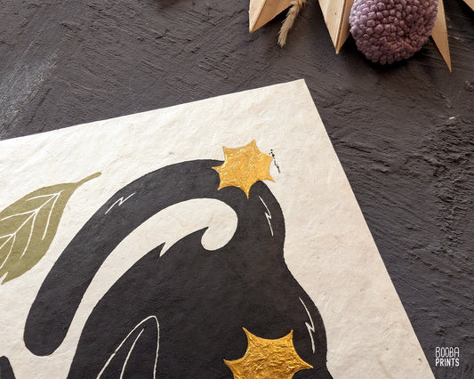 Cat Eating Leaf Linocut Print "Mess Maker"  Whimsical Cat Art ✷ 20% Off!