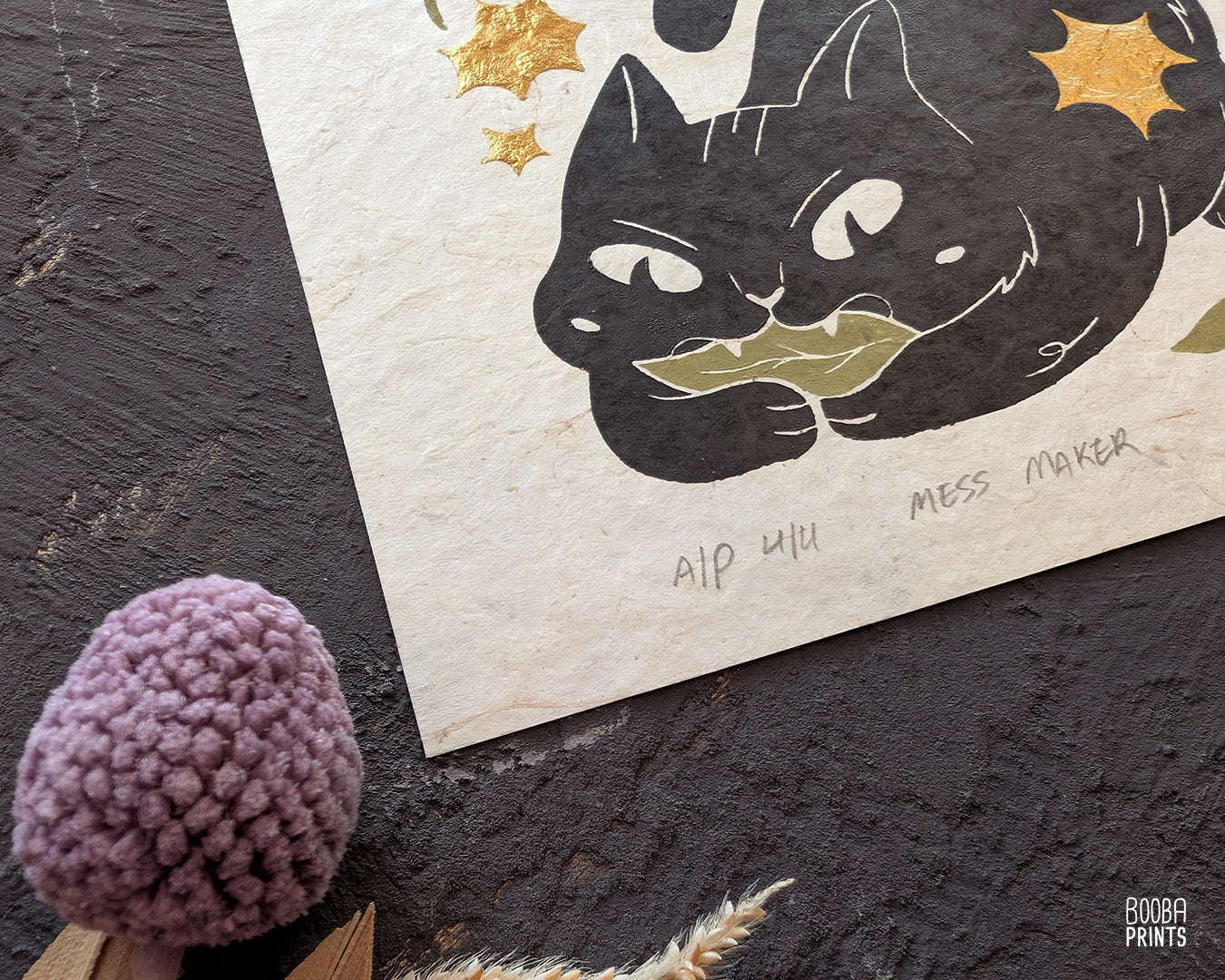 Cat Eating Leaf Linocut Print "Mess Maker"  Whimsical Cat Art ✷ 20% Off!