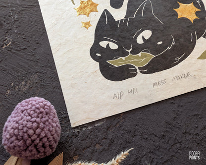 Cat Eating Leaf Linocut Print "Mess Maker"  Whimsical Cat Art ✷ 20% Off!